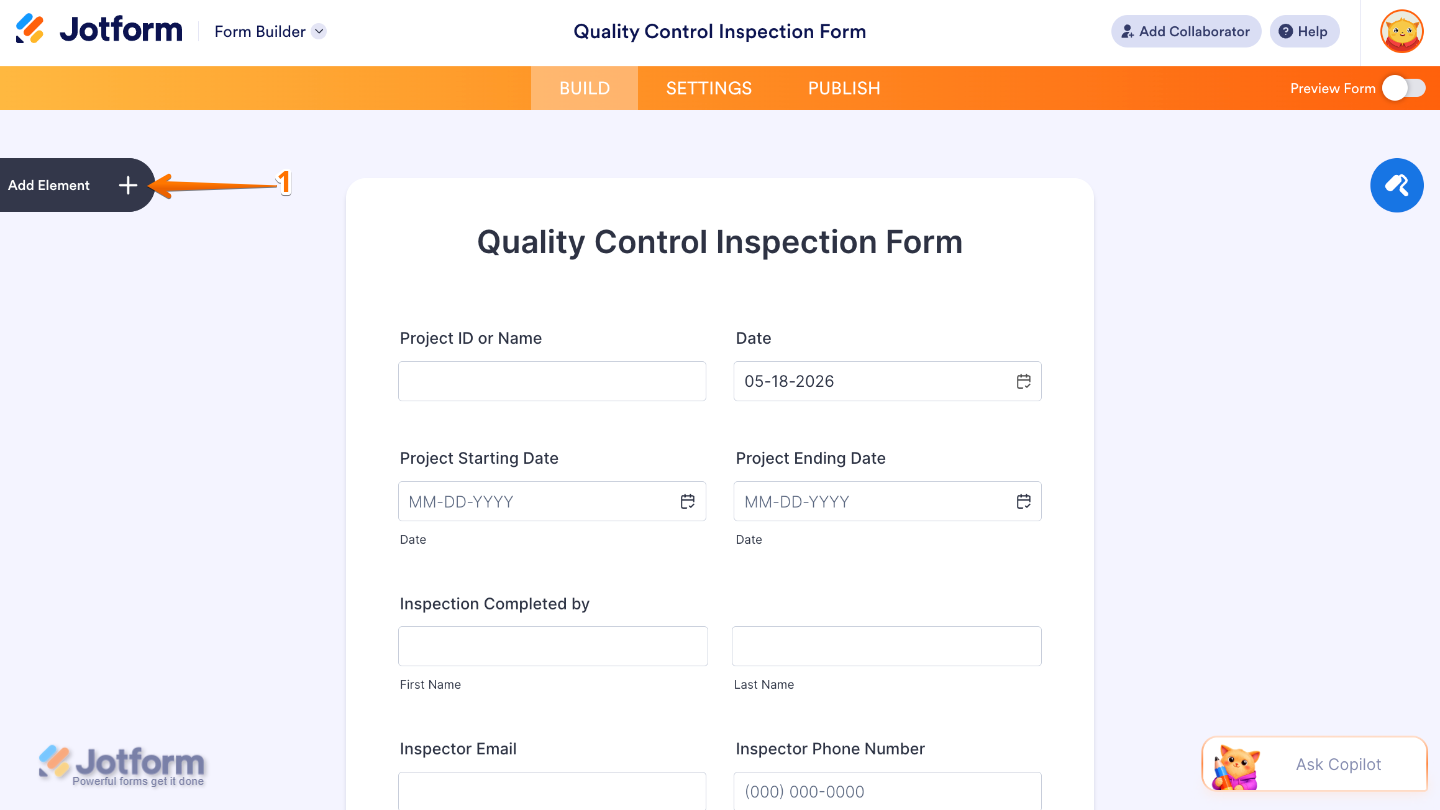 Form Builder interface highlighting the Add Element button on the left panel to add new fields and widgets