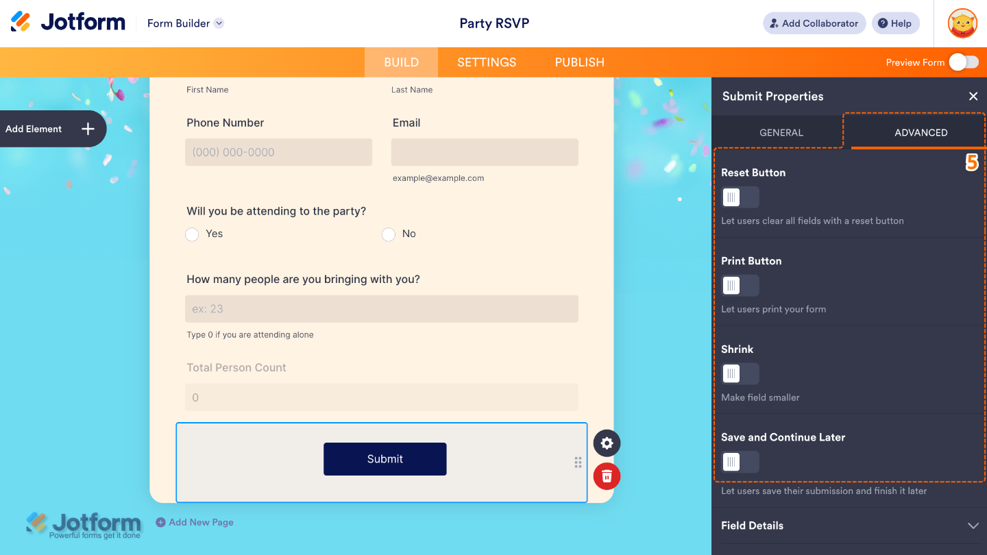Submit button Advanced tab showing options for reset button, print button, shrink, and save and continue later