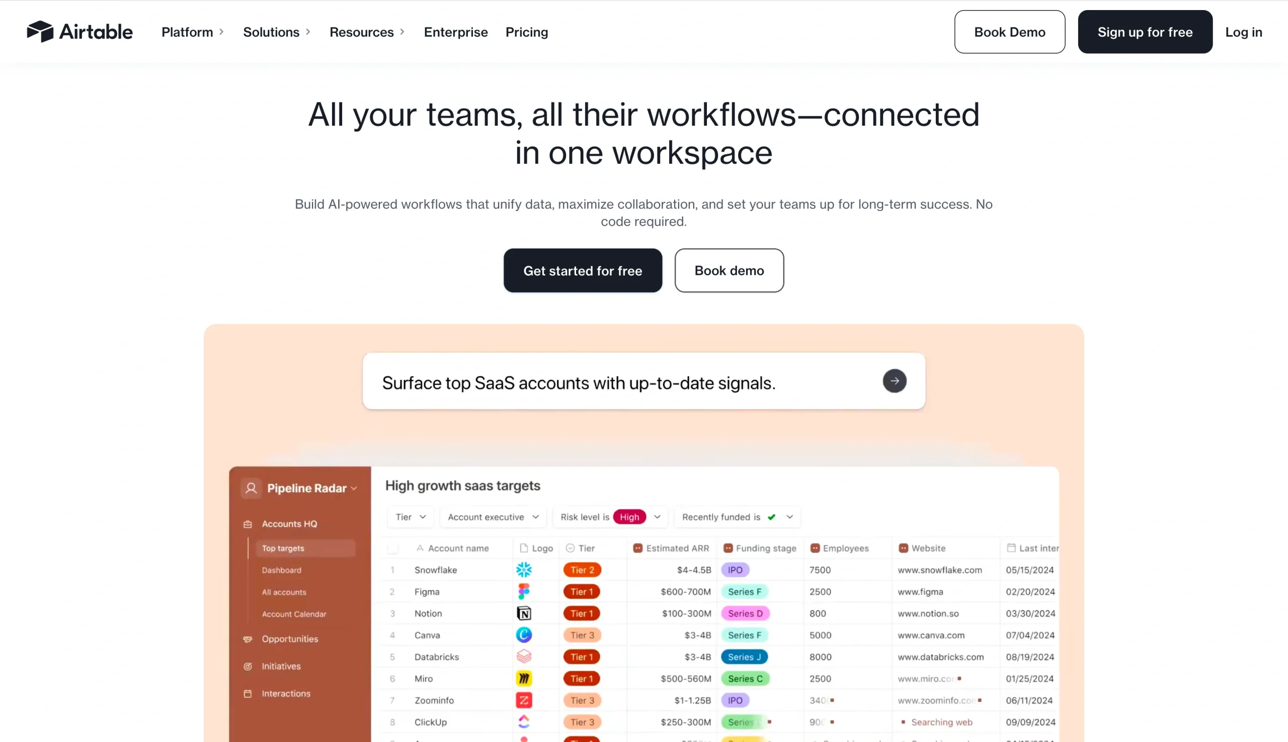 Screenshot of the Airtable landing page, showing a headline "All your teams, all their workflows- connected in one workspace"