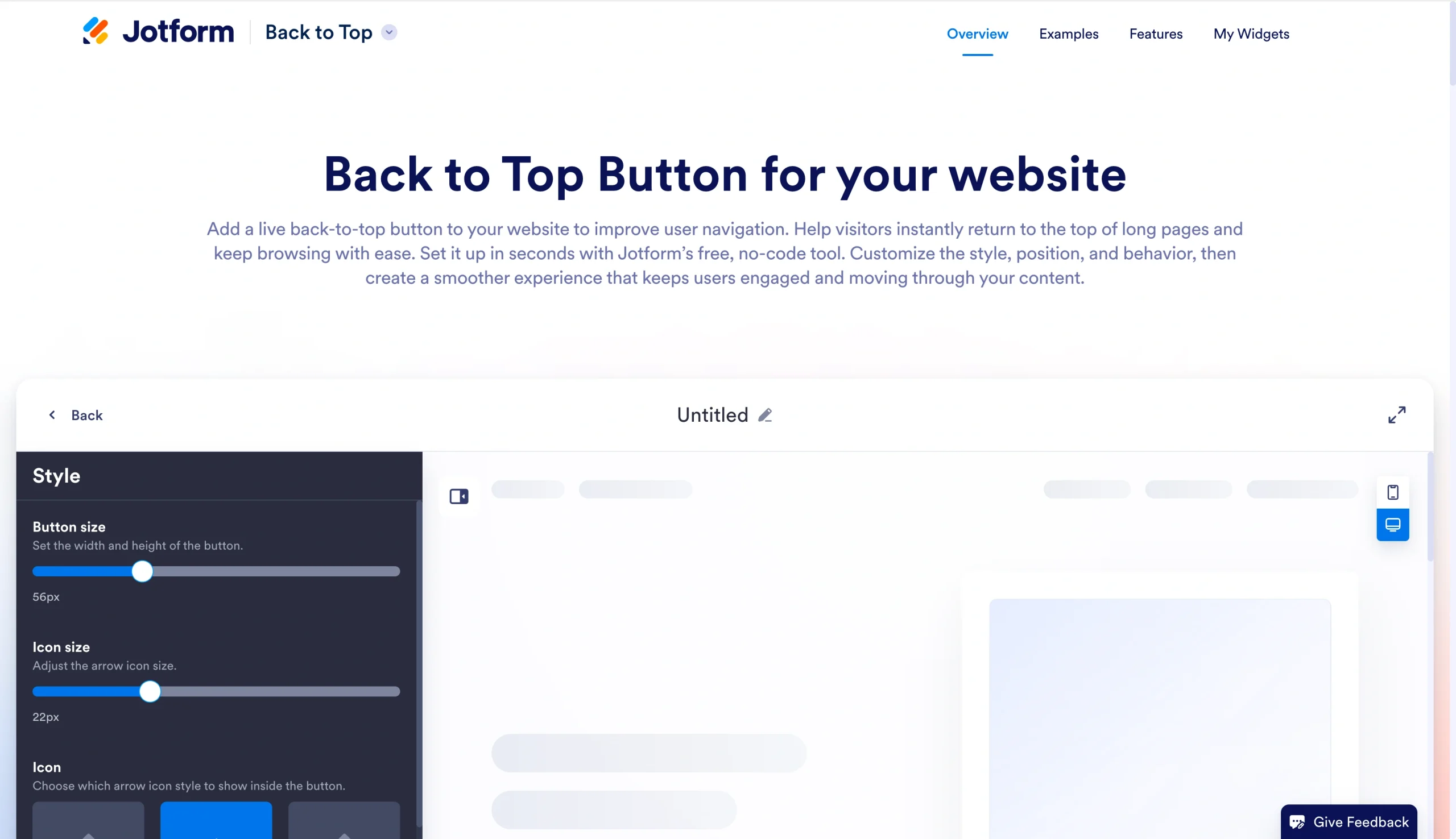 Jotform Back to Top Button page, showing the widget builder preview and customization panel