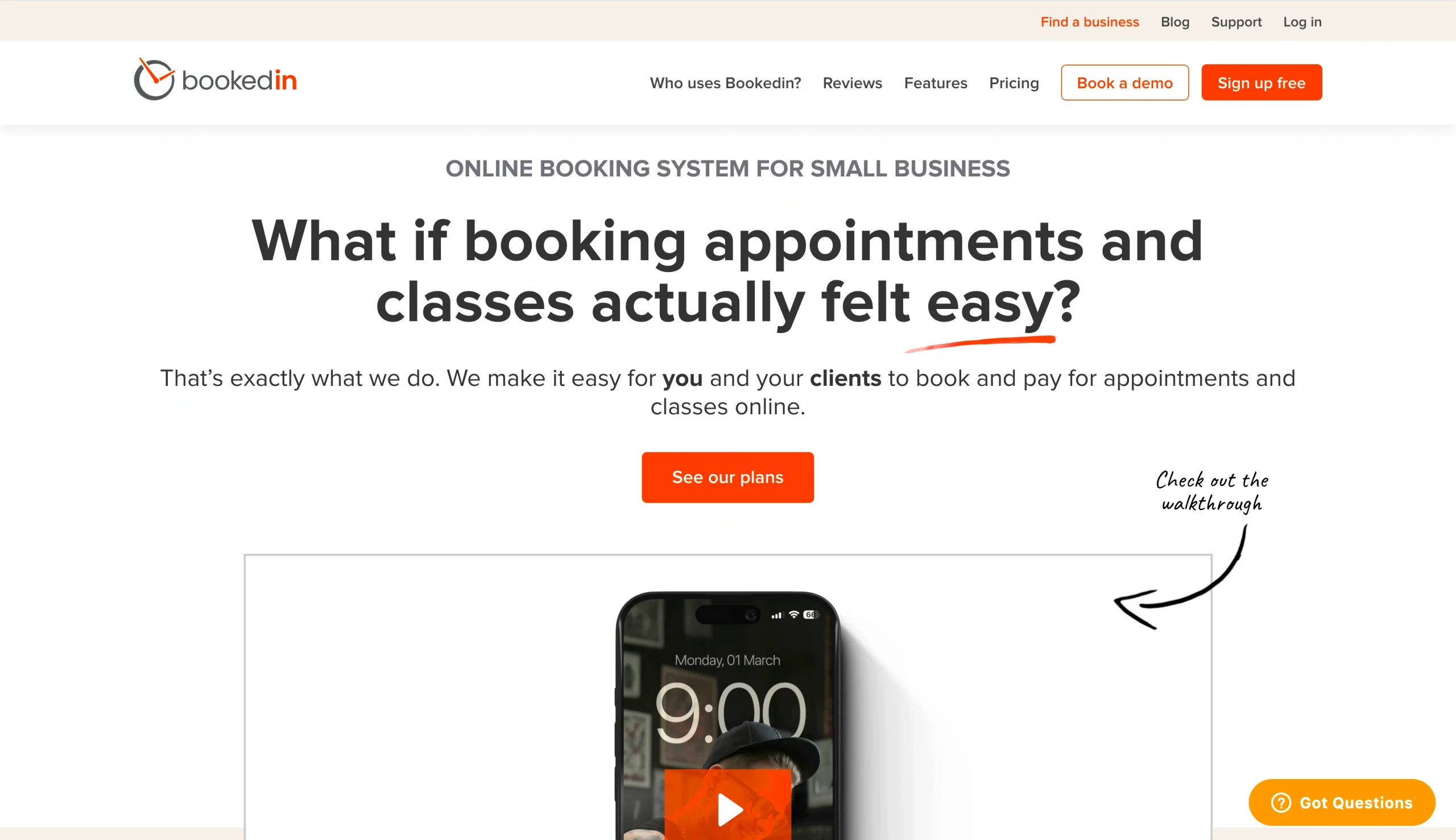 Screenshot of the Bookedin landing page, showing a headline "What if booking appointments and classes actually felt easy?"