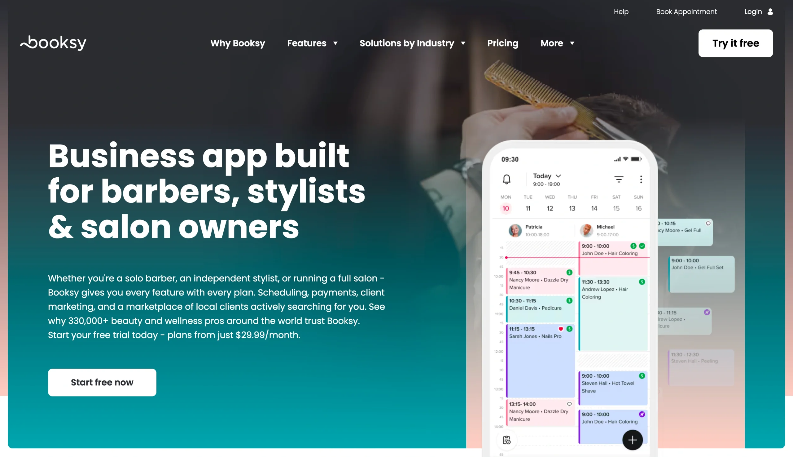 Screenshot of the Booksy landing page, showing a headline "Business app built for barbers, stylists  salon owners"