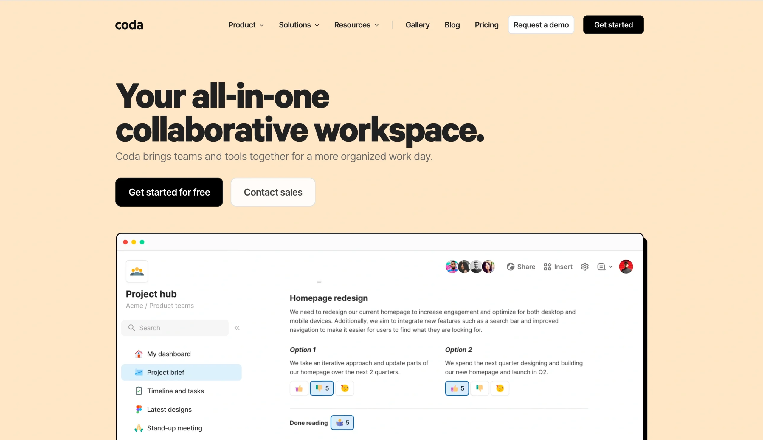 Screenshot of the Coda landing page, showing a headline "Your all-in-one collaborative workspace"
