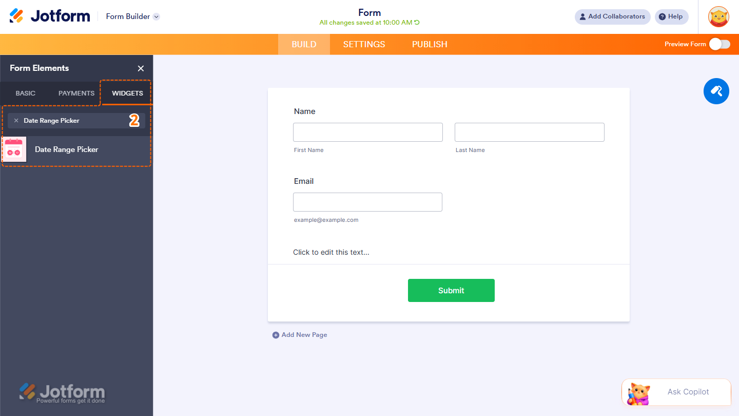 Date Range Picker in the Widgets tab of the Jotform Form Builder