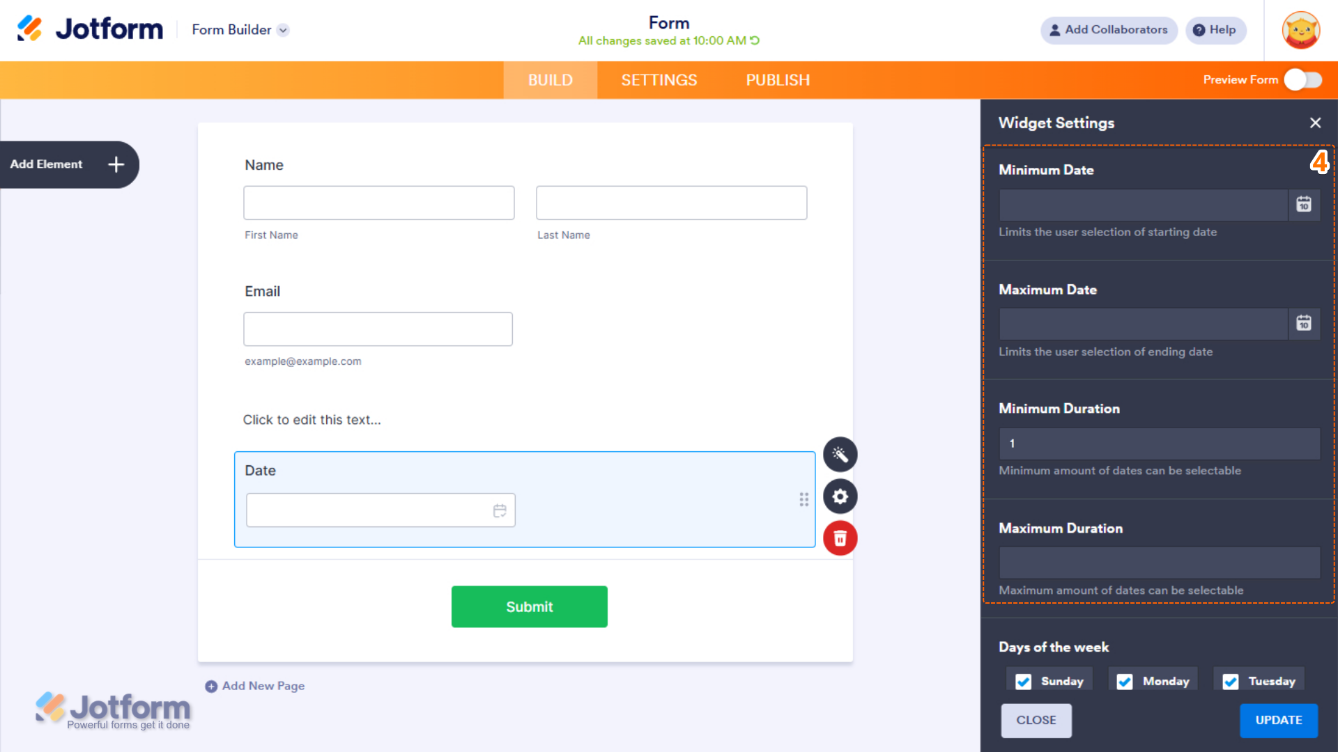 Minimum and Maximum Dates, Minimum and Maximum Durations options in the General tab of the Date Range Picker