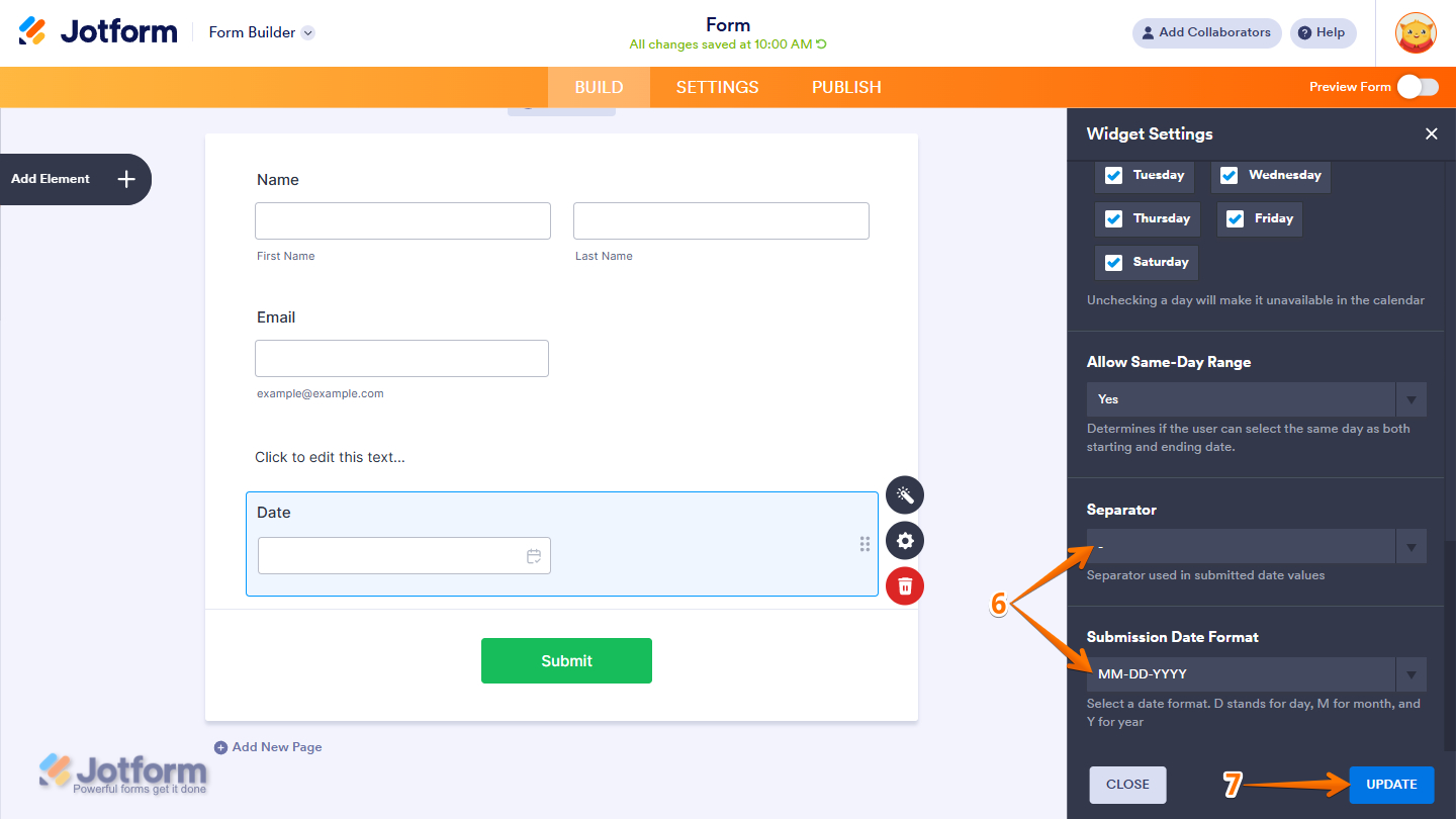 Separator and Submission Date Format options in the General tab of the Date Range Picker