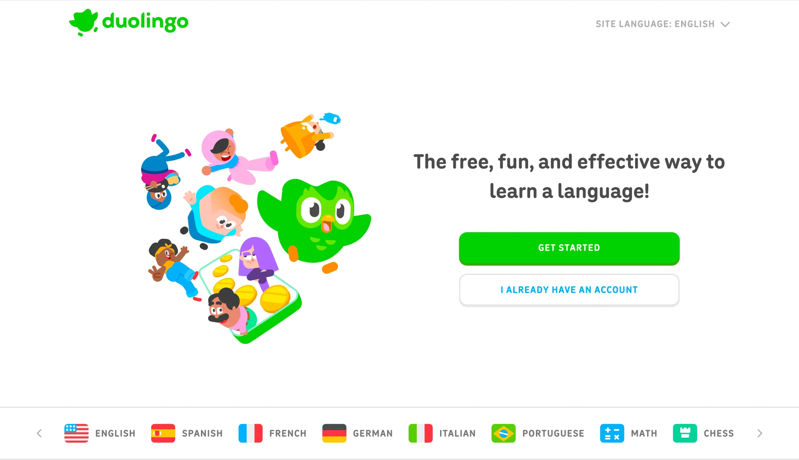 Screenshot of the Duolingo landing page