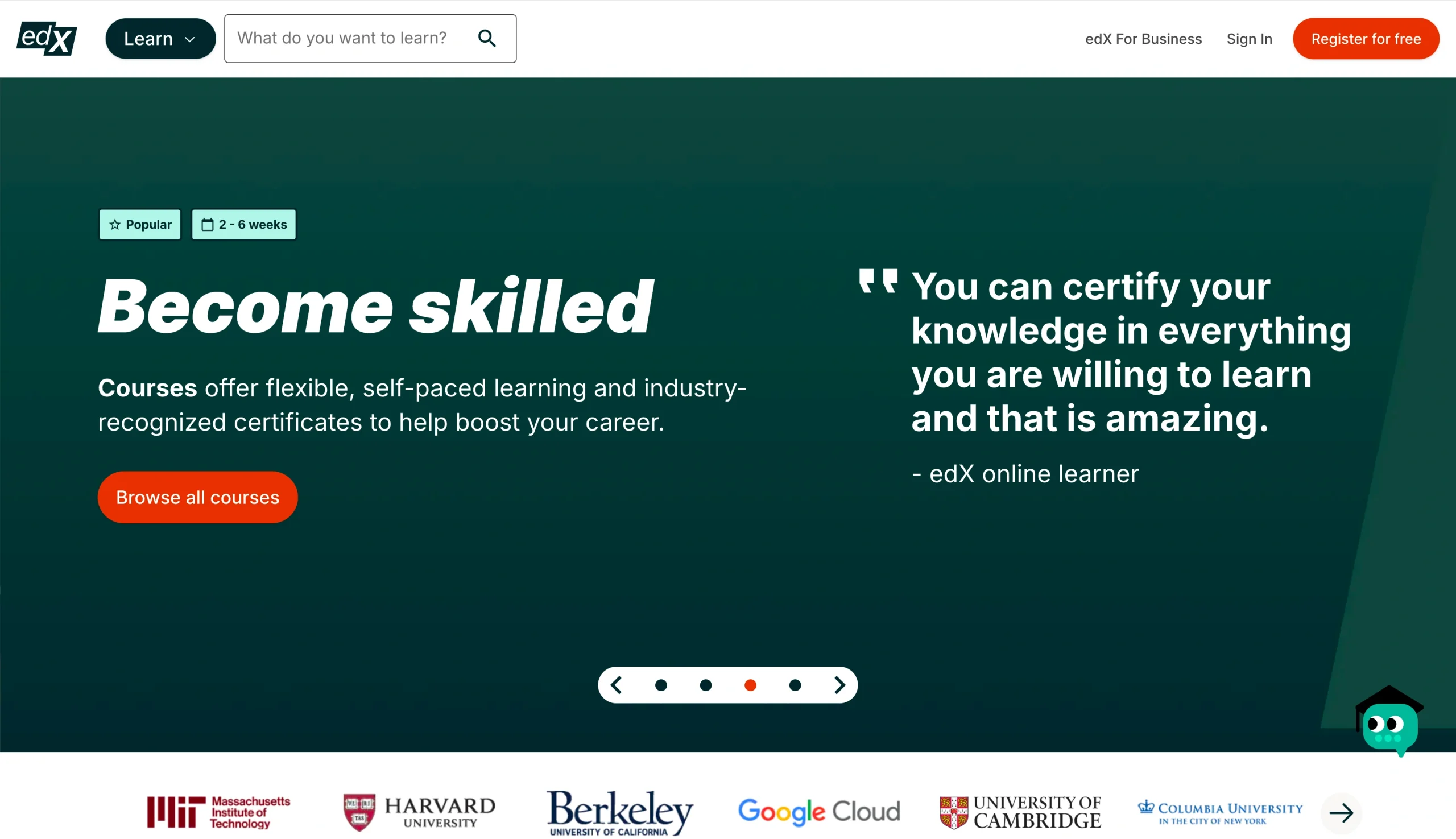 Screenshot of the edX landing page