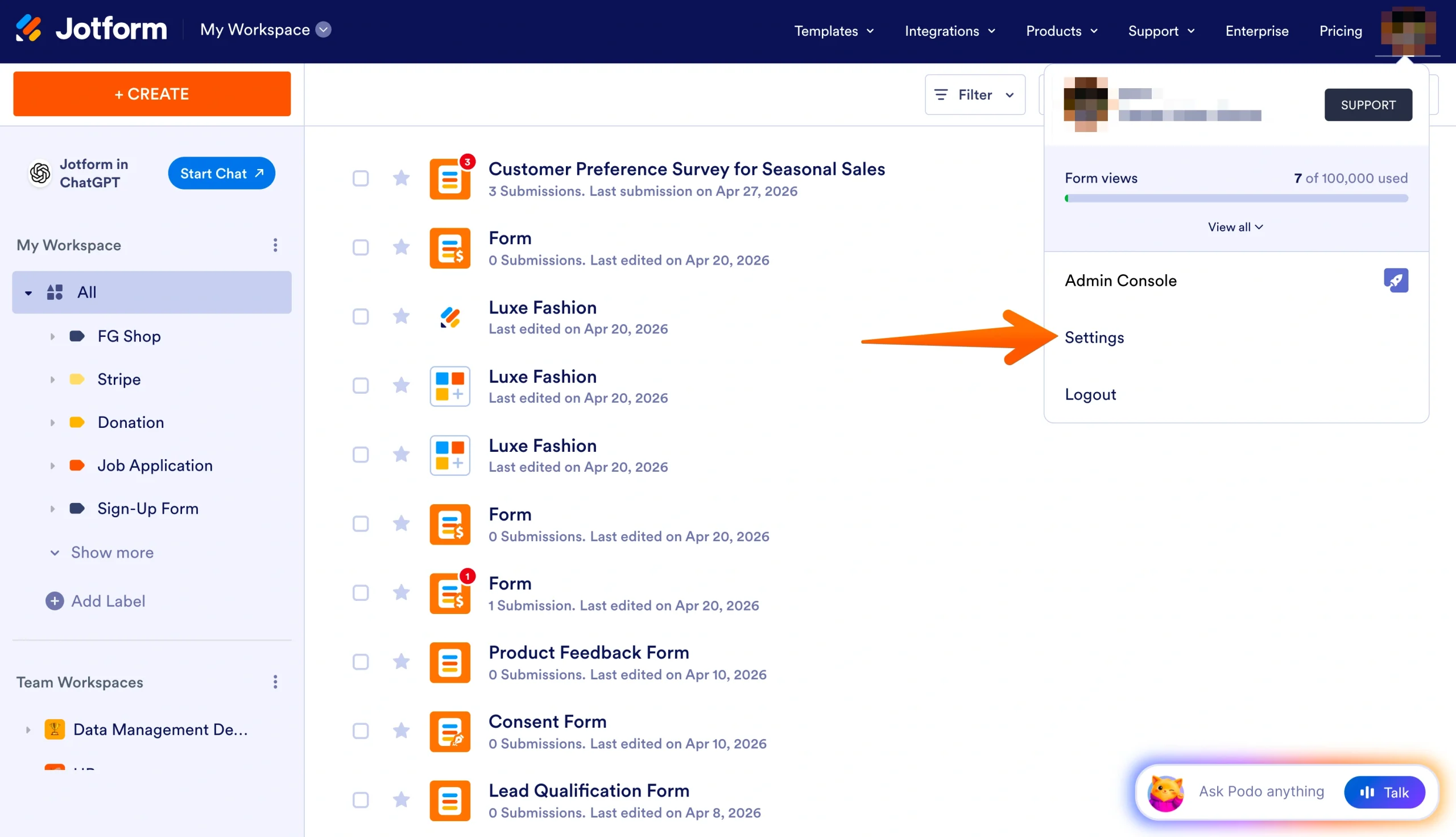 Jotform's user interface with the Settings option highlighted