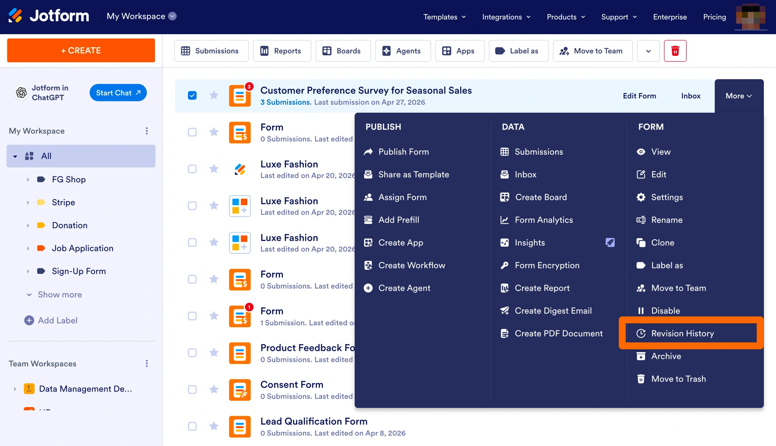 Jotform dashboard showing a form’s More menu open, with the Revision History option highlighted