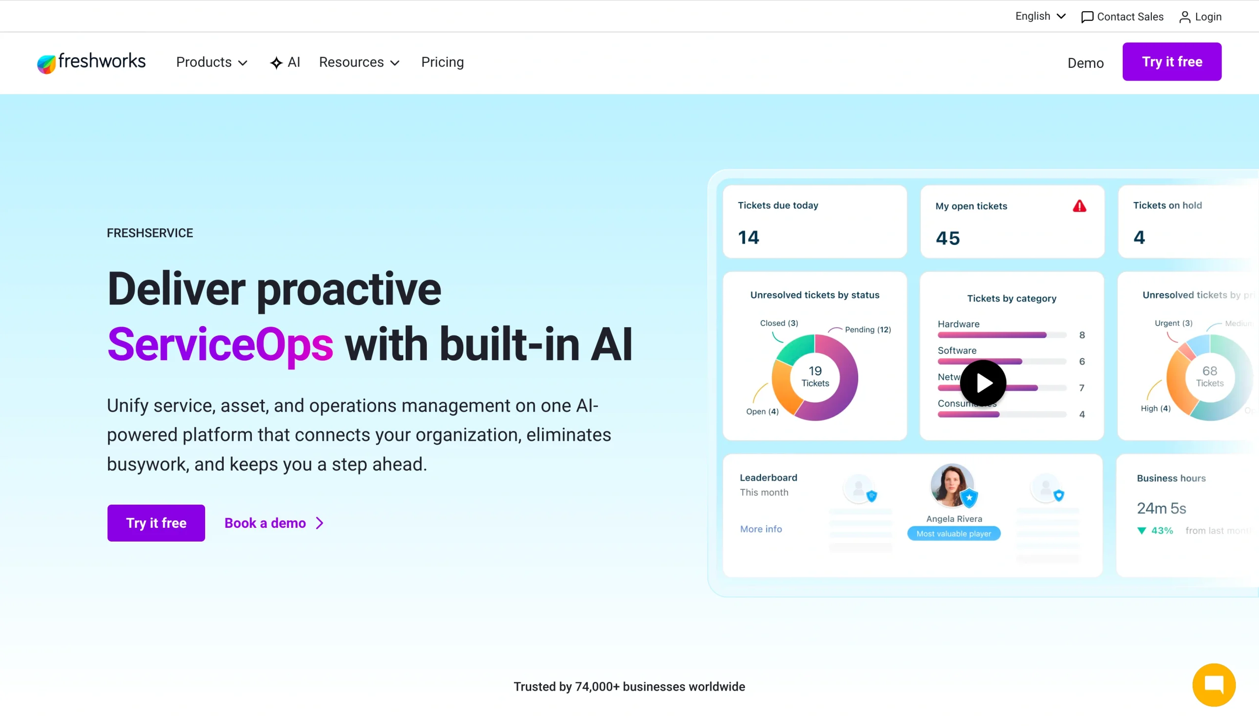 Screenshot of the Freshservice landing page, showing a headline "Deliver proactive ServiceOps with built-in AI"