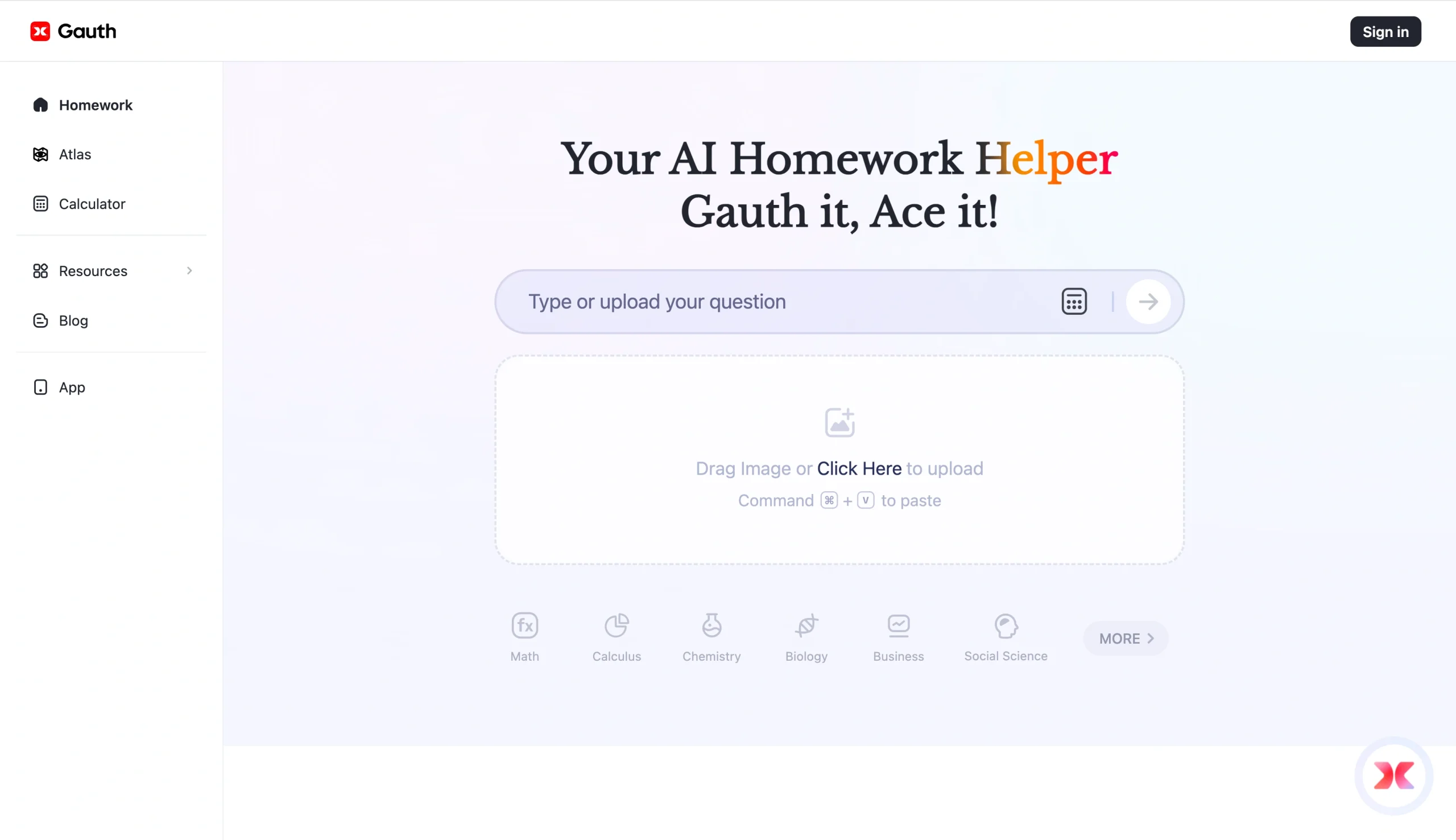Screenshot of the Gauth landing page, showing a headline "Your AI Homework Helper Gauth it, Ace it!"