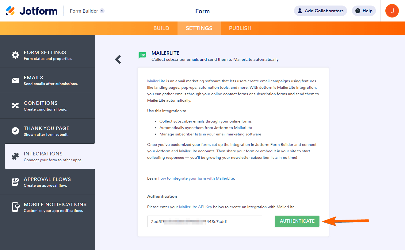 Jotform Form Builder MailerLite Integration Page Authentication Button