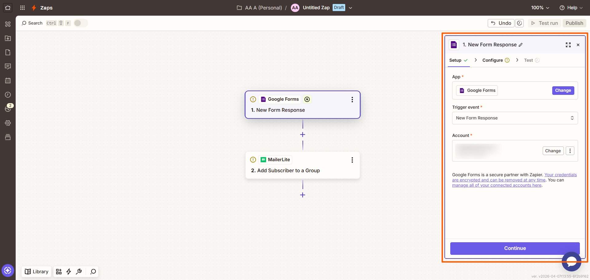 Zapier Zap Builder Google Forms Trigger Options