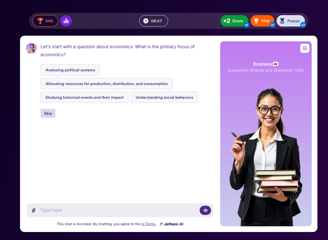 Jotform AI Tutor interface showing a generated chatbot asking questions on economics