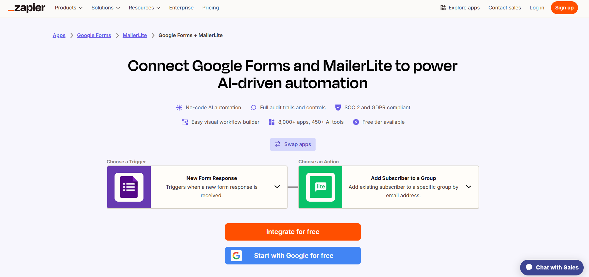 Zapier Google Forms MailerLite Integration Page Integrate for free Button
