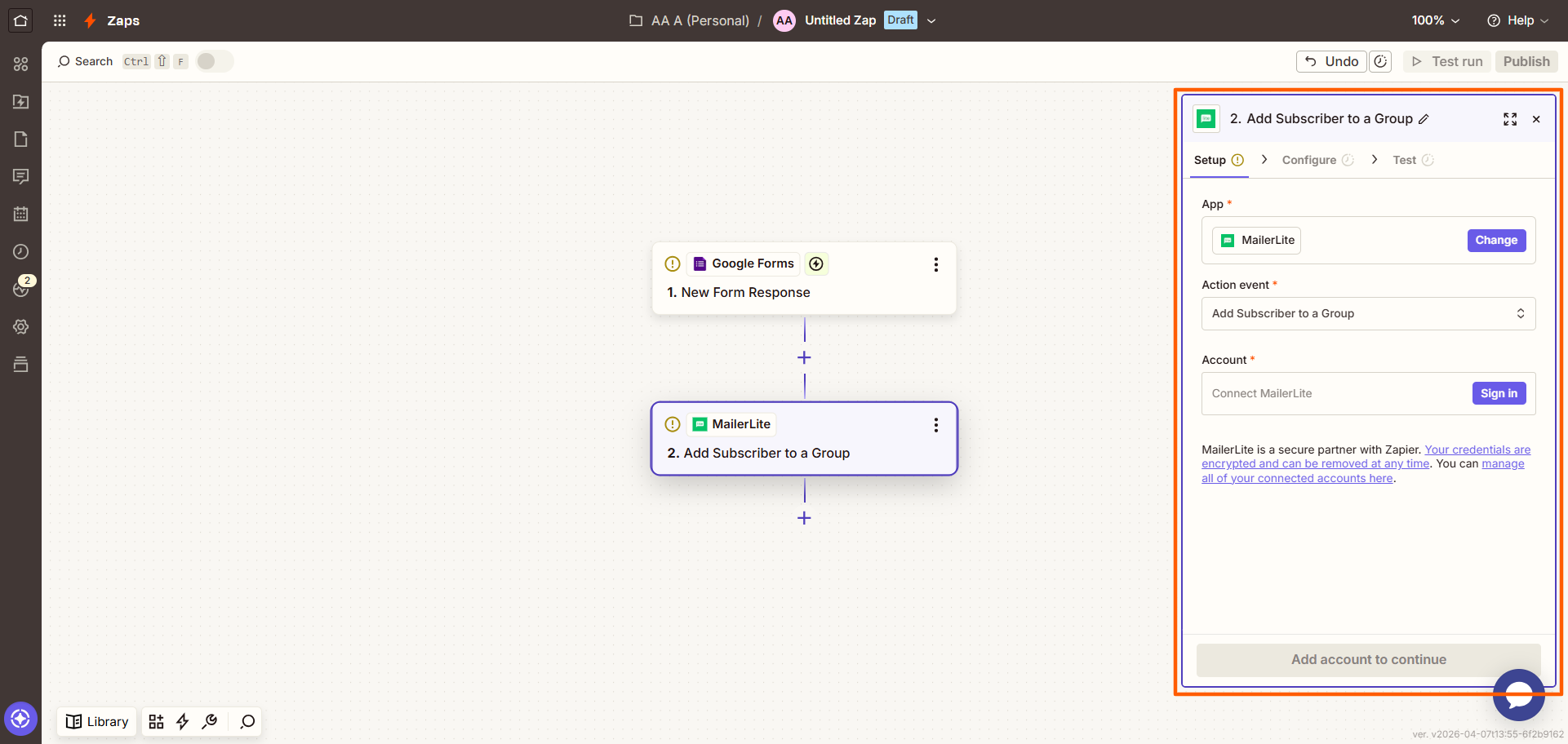 Zapier Zap Builder MailerLite Action Options