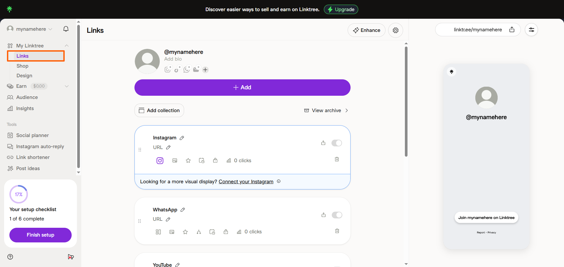 Linktree dashboard with the Links menu highlighted in the left sidebar