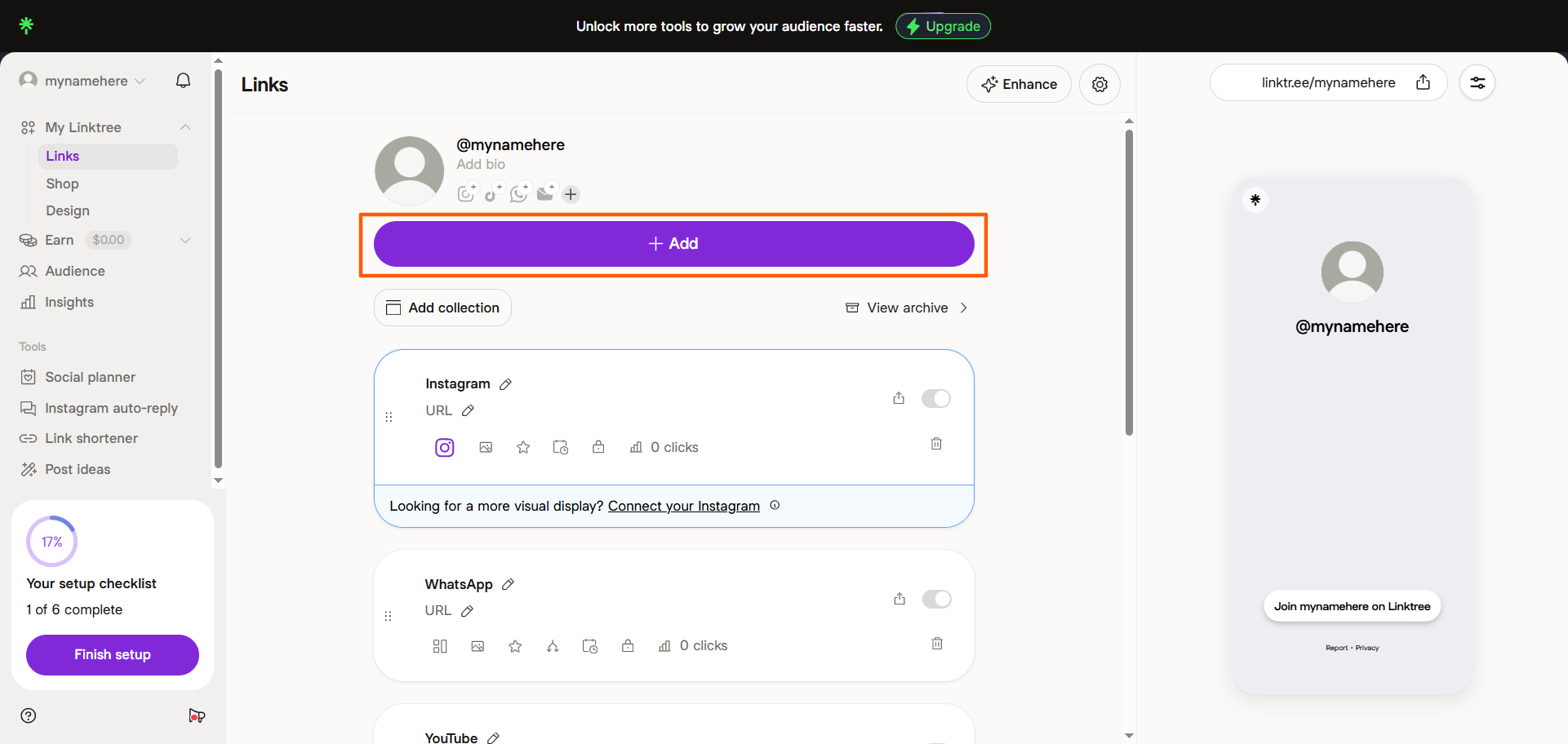 Linktree Links page with the + Add button highlighted