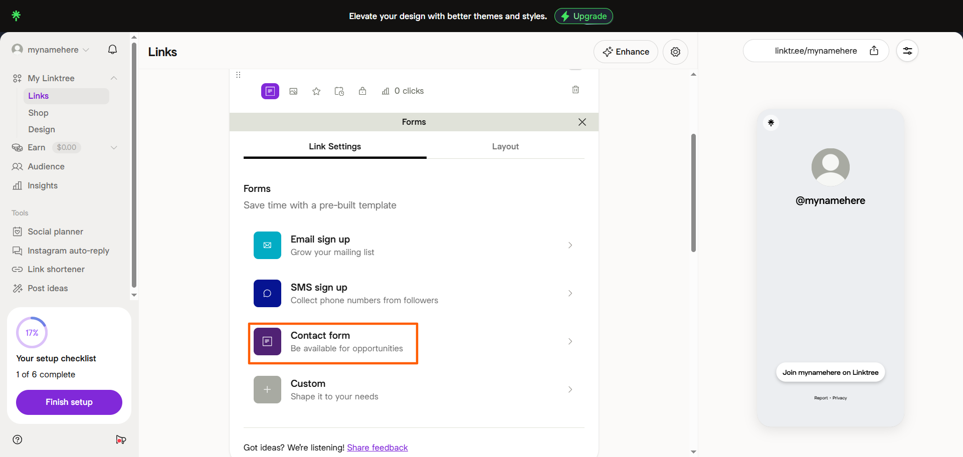 Linktree form settings panel with the Contact form option highlighted