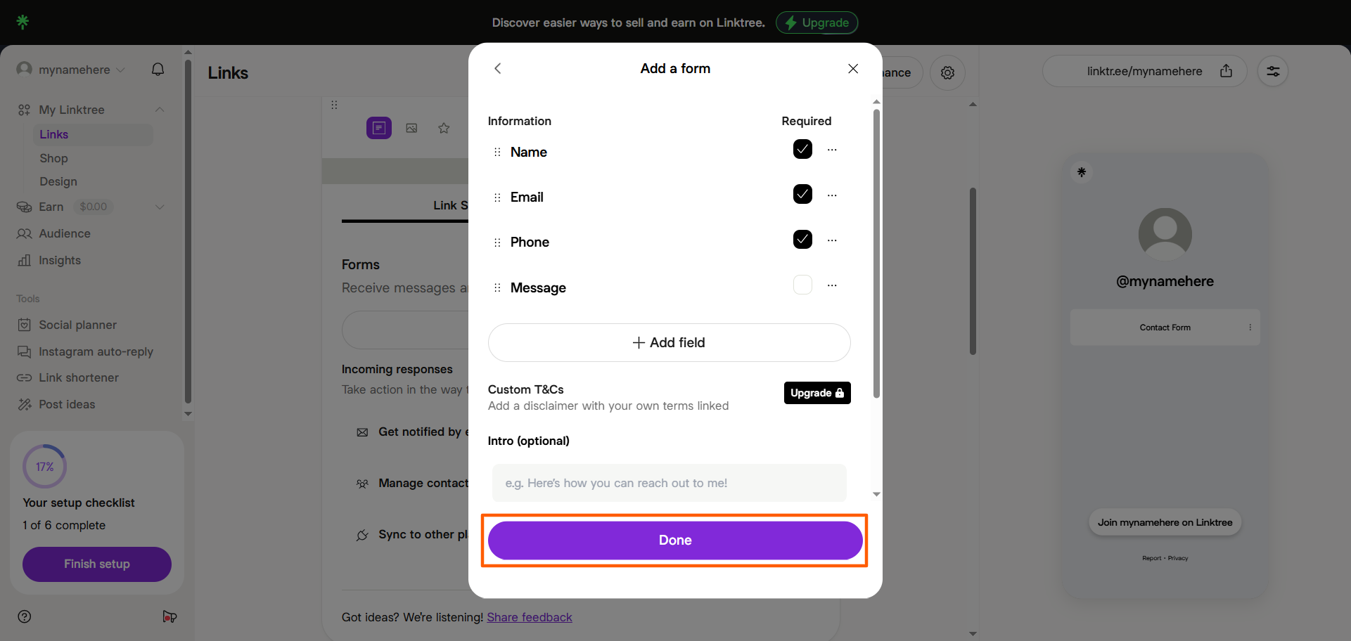 Linktree Add a form window with the Done button highlighted