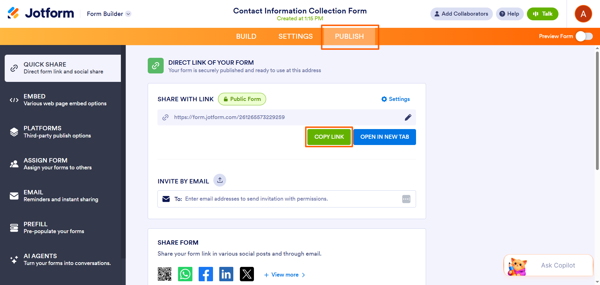 Jotform Publish page with the Copy Link button highlighted
