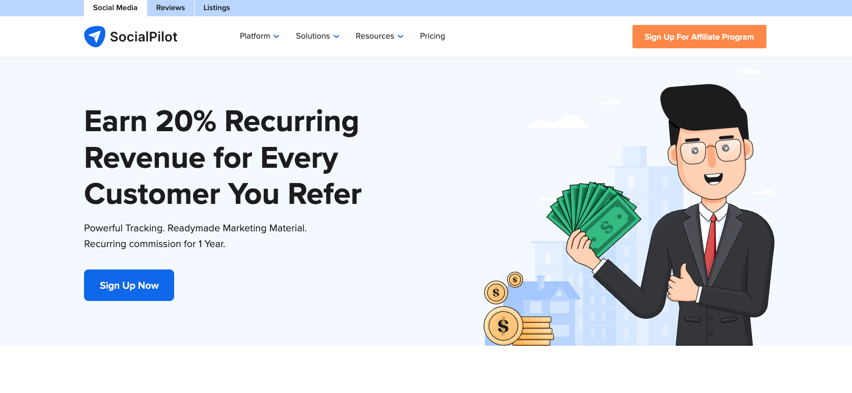 SocialPilot website with the words: "Earn 20 Percent Recurring Revenue for Every Customer You Refer"