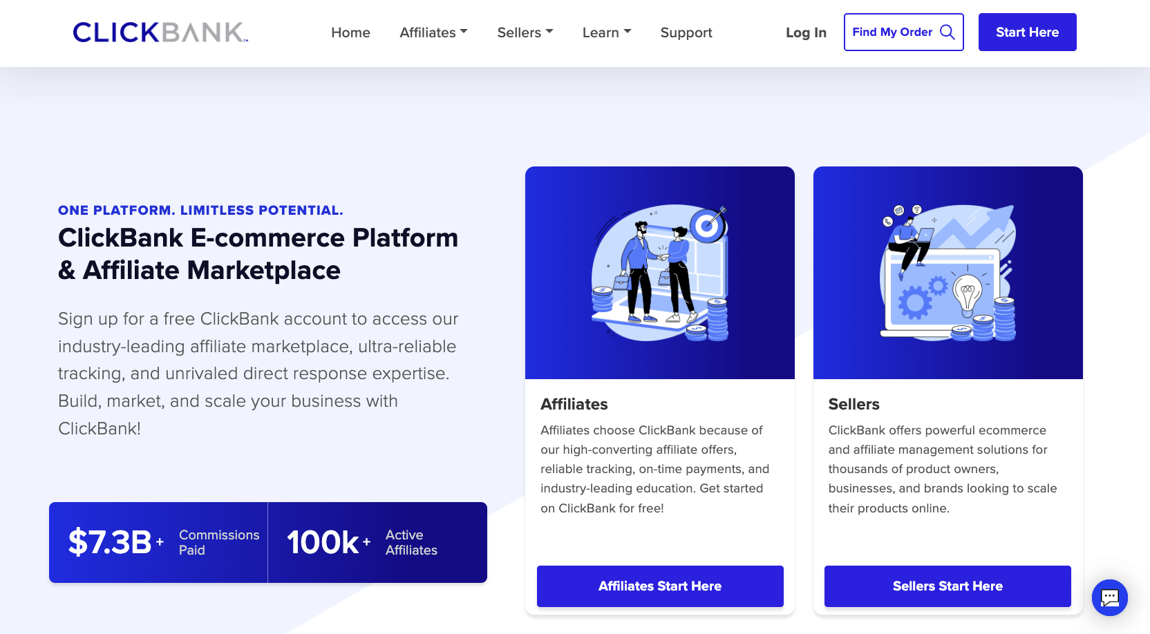 ClickBank website with the words: "ClickBank E-commerce Platform & Affiliate Marketplace"