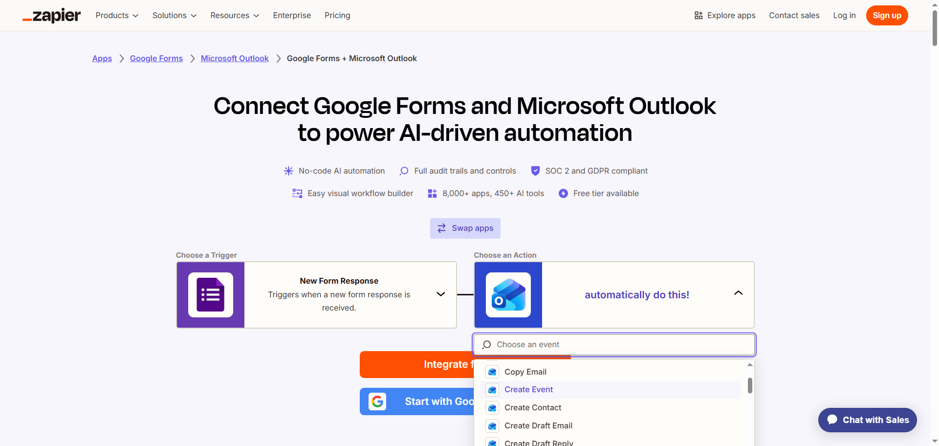 Zapier Google Forms Microsoft Outlook Integration Page Action Options
