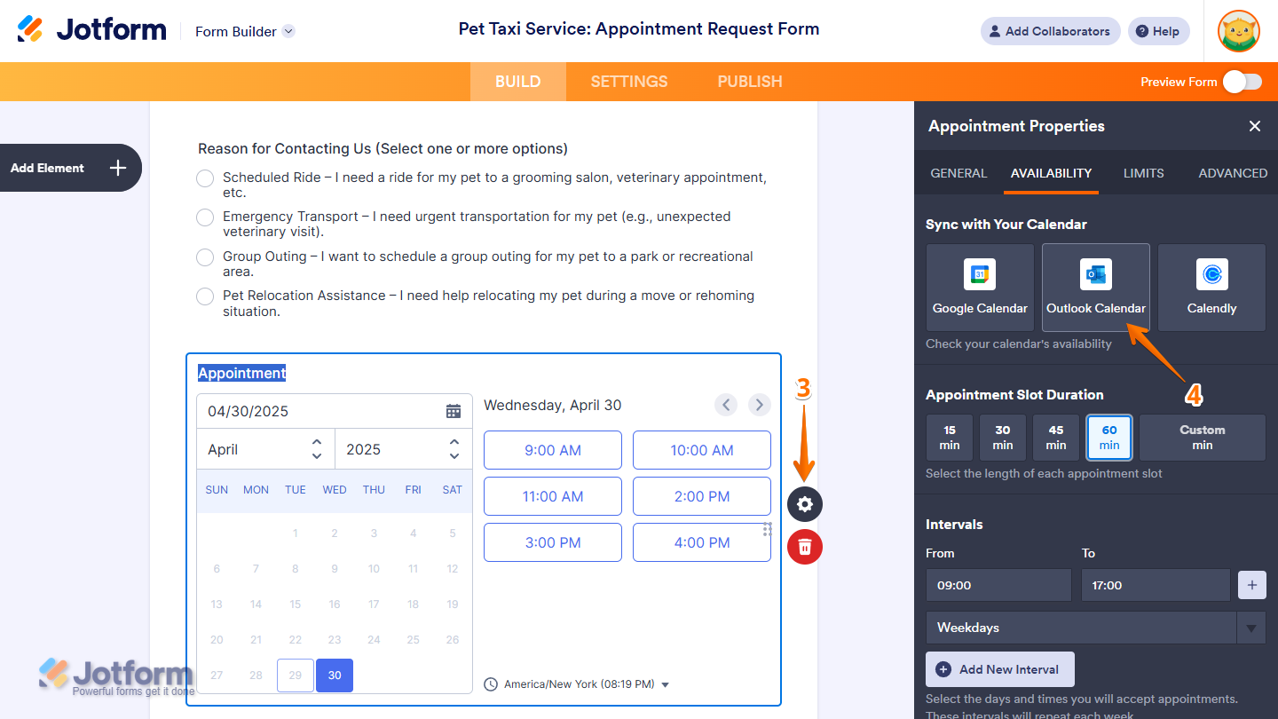 Outlook Calendar under the Sync with Your Calendar section of the Availability tab in the Appointment Properties window of the Jotform Form Builder