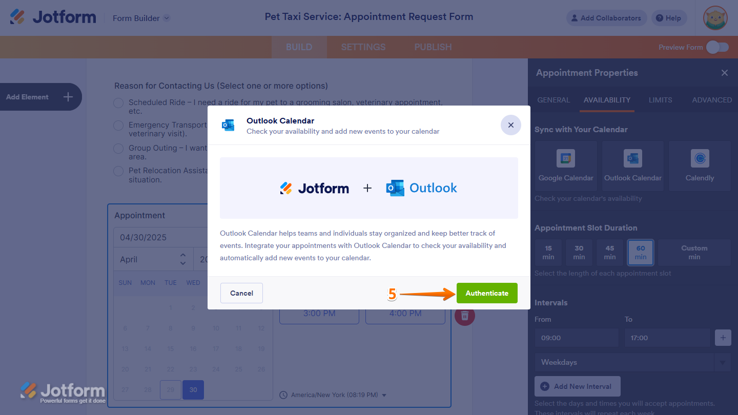Authenticate button in the Outlook Calendar window of the Jotform Form Builder