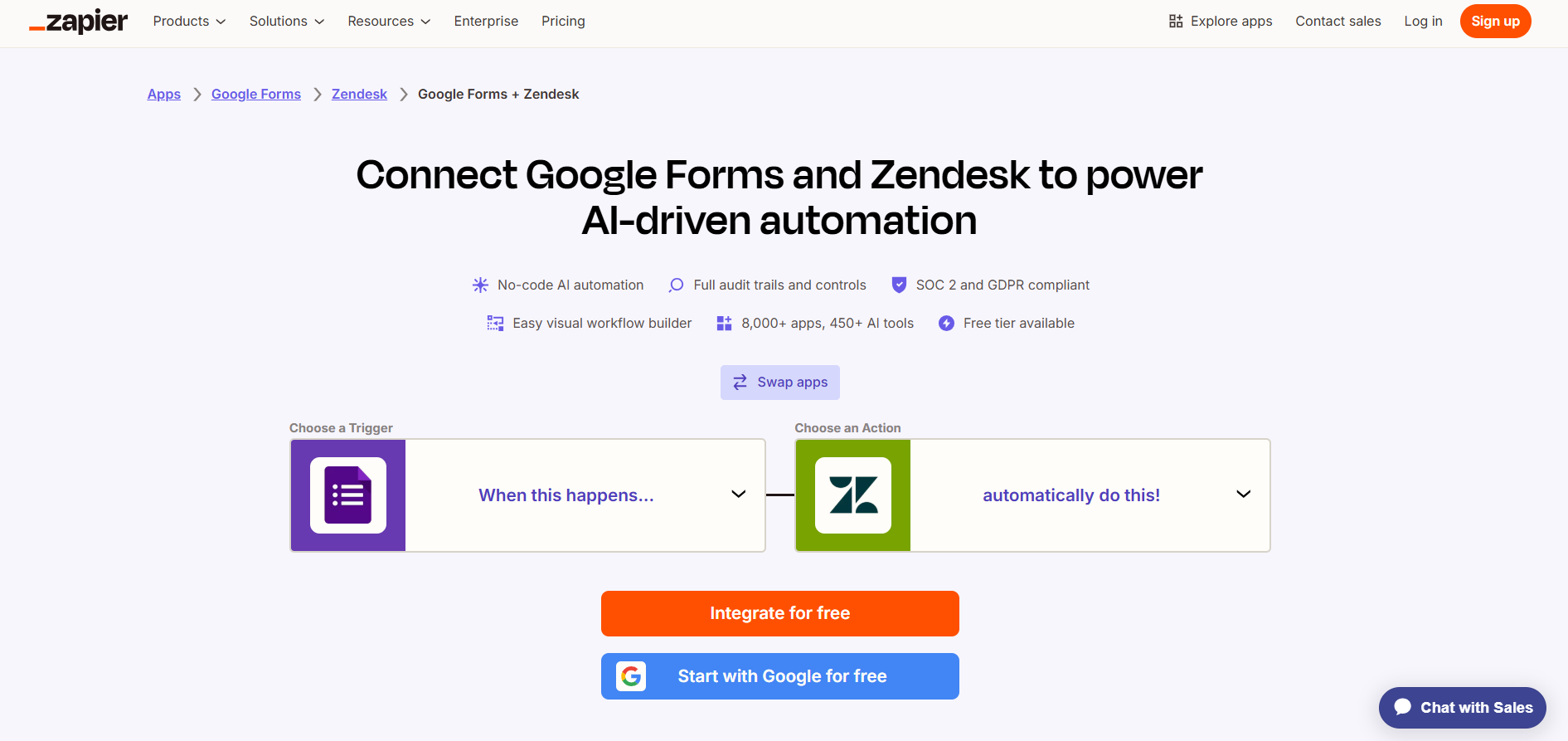 Zapier's Quick Connect web page for Google Forms and Zendesk