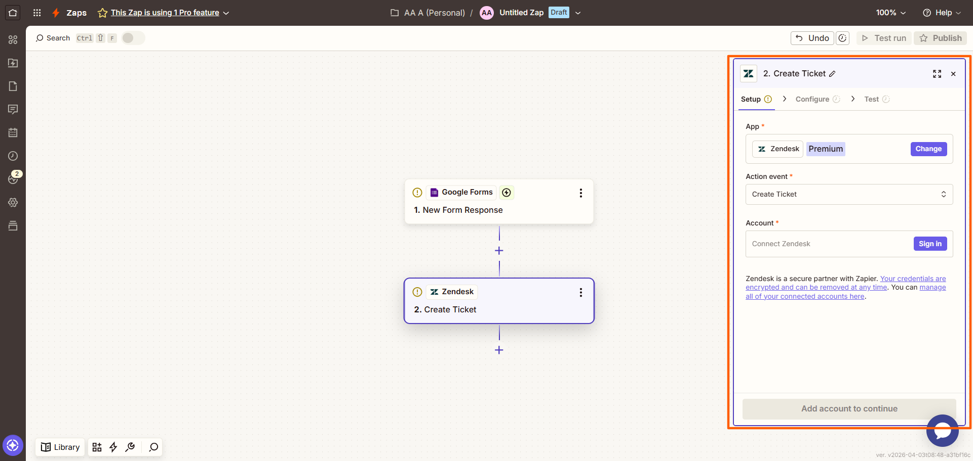 Zapier interface showing the Google Forms-Zendesk Zap flow, and the Zendesk connection options