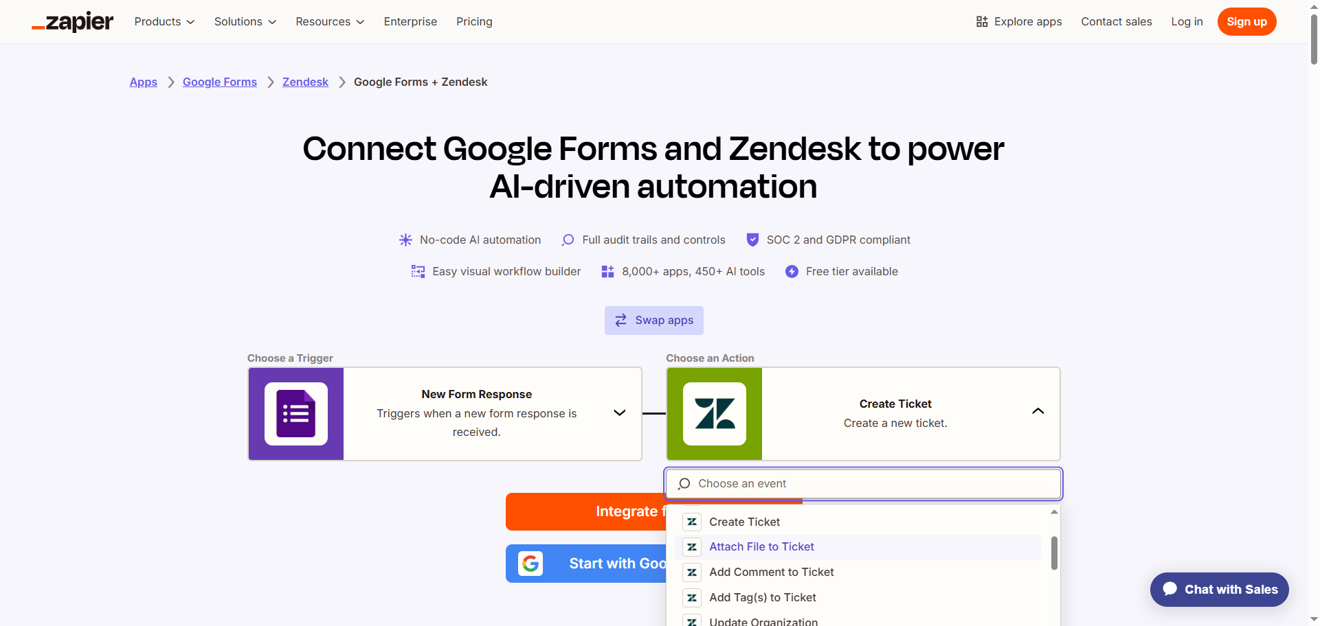 Zapier's Quick Connect web page for Google Forms and Zendesk showing the action options