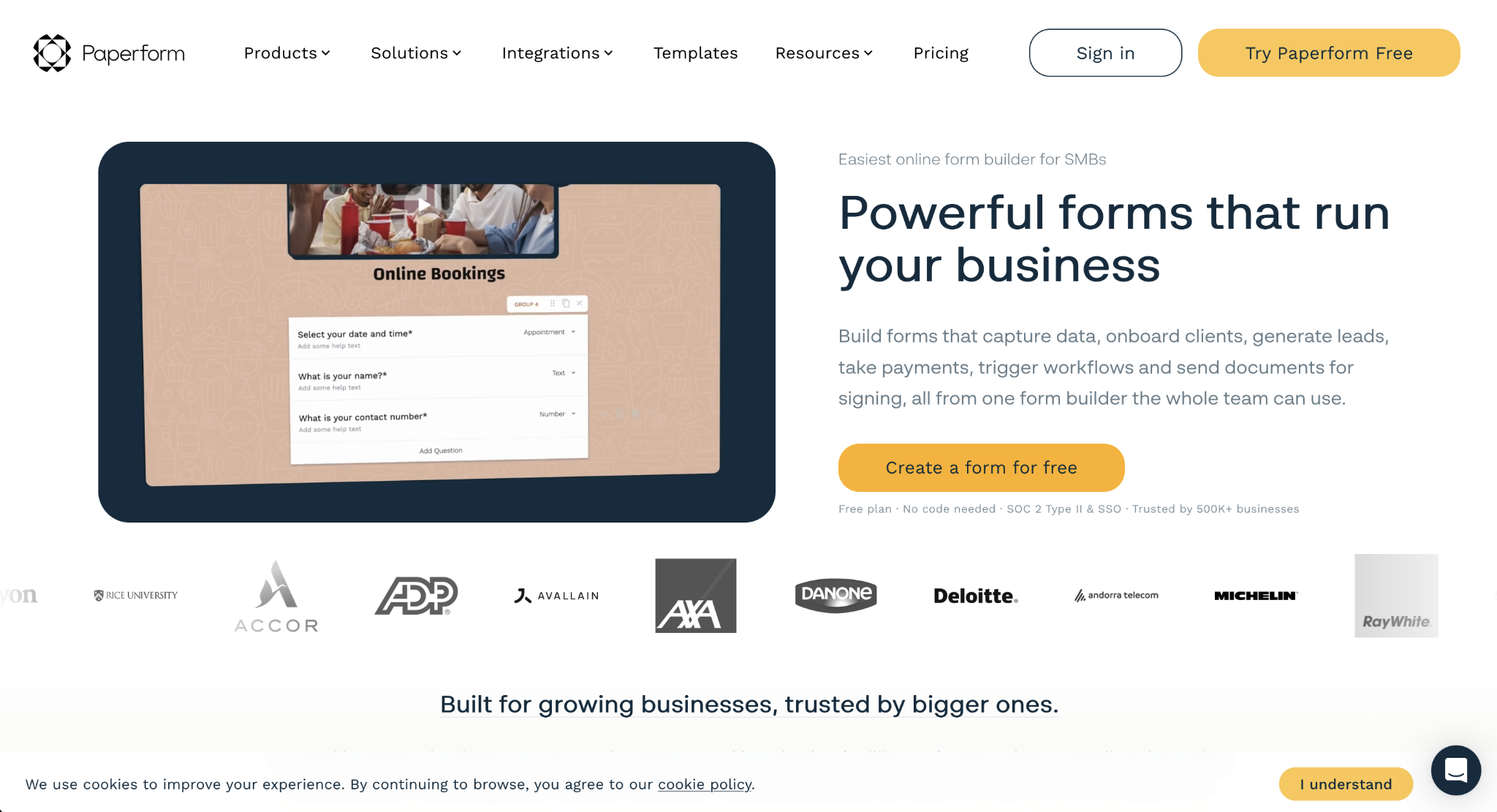 Screenshot of the Paperform landing page, showing a headline "Powerful forms that run your business"