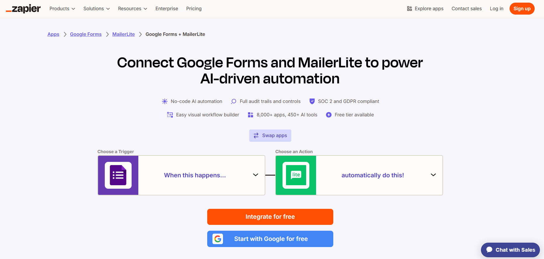 Zapier Google Forms MailerLite Integration page