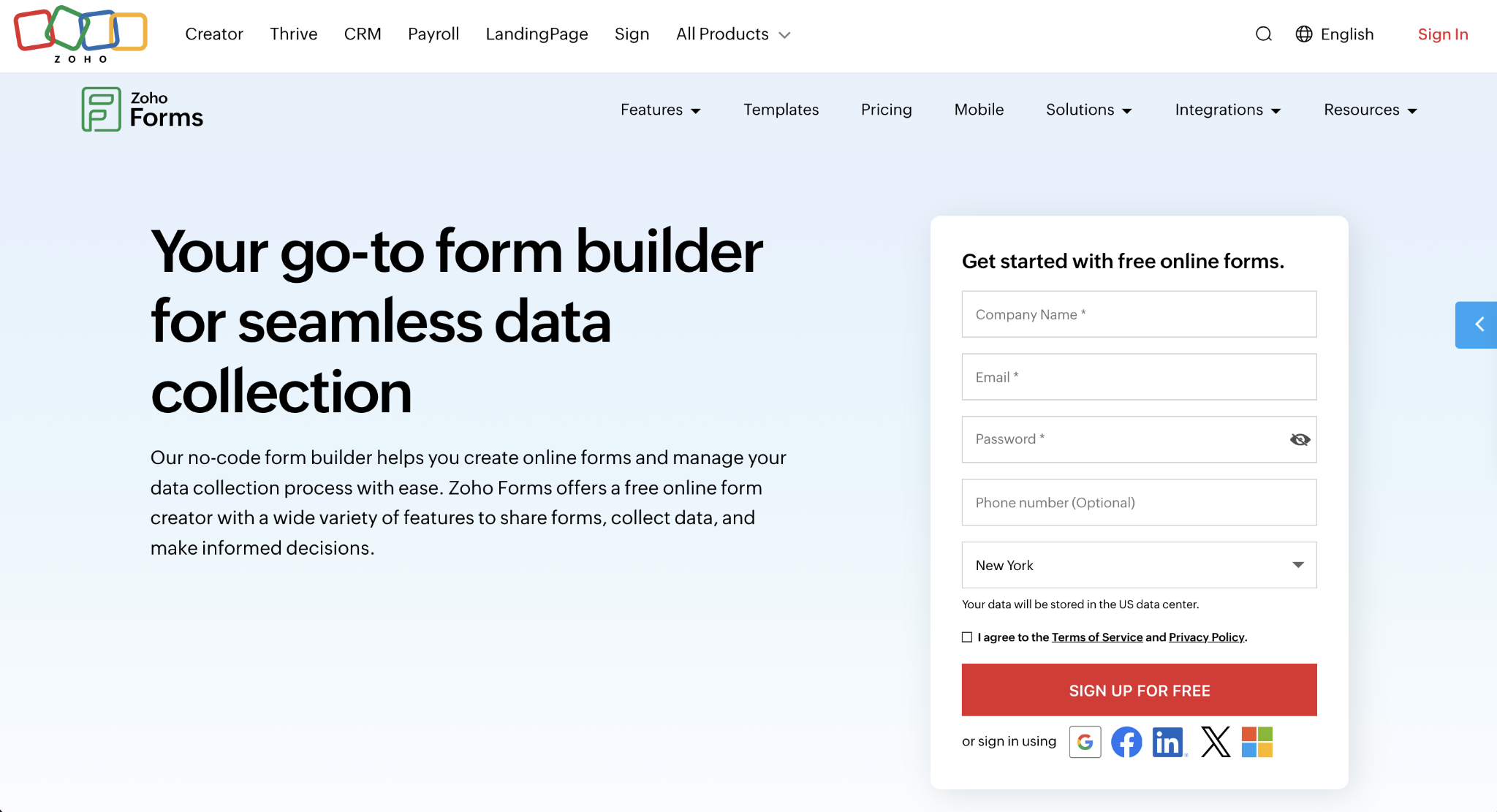 Screenshot of the Zoho Forms landing page, showing a headline "Your go-to form builder for seamless data collection"
