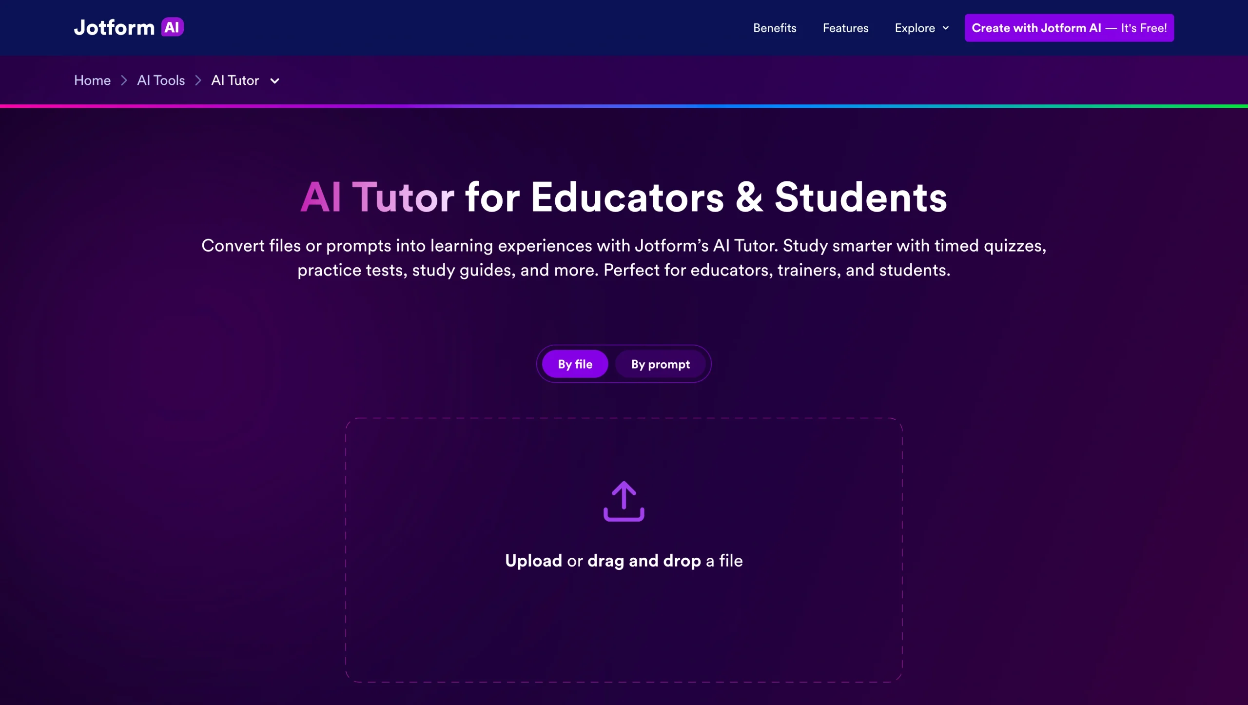 Screenshot of the Jotform AI tutor landing page, showing a headline "AI Tutor for Educators & Students"