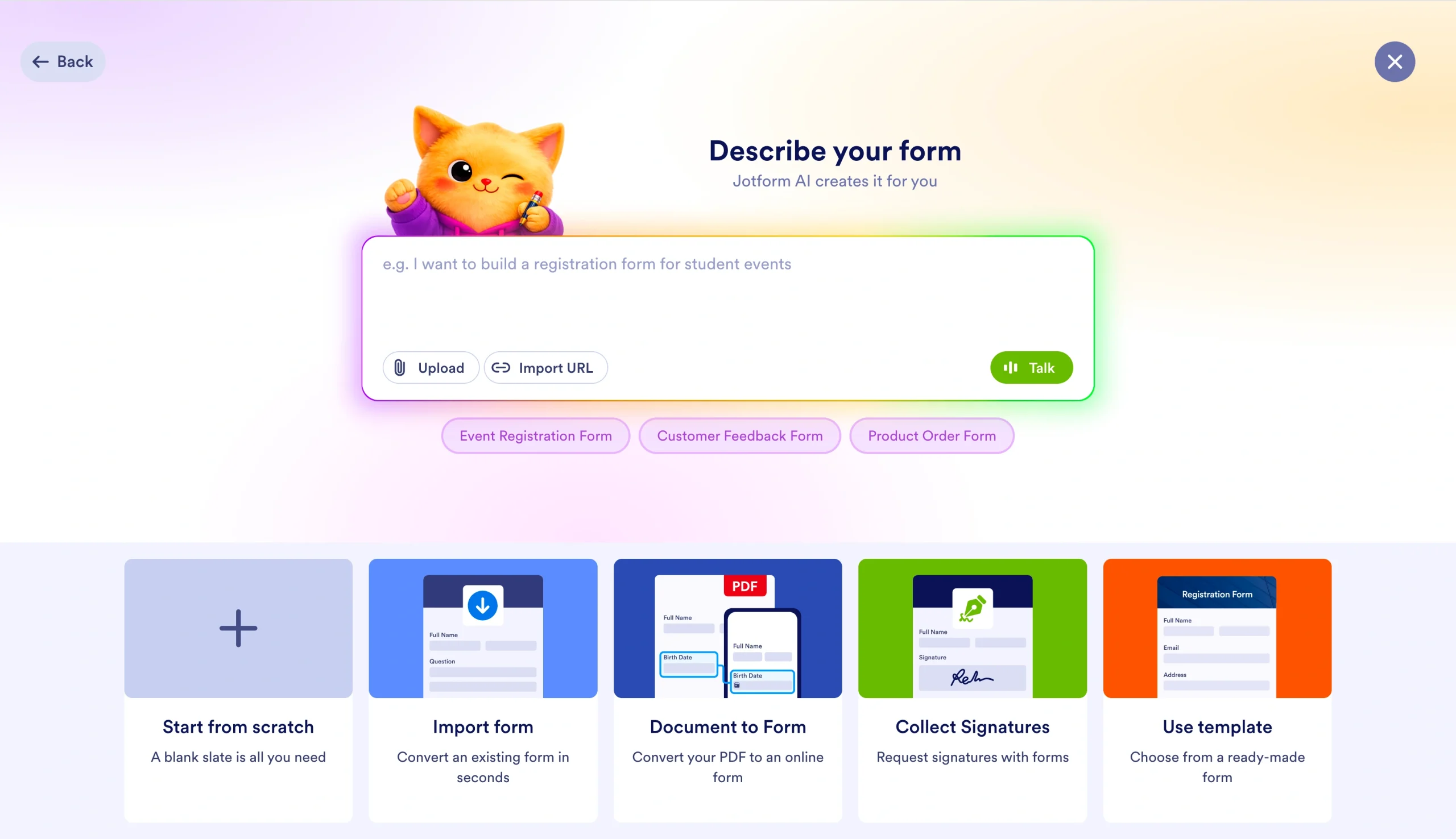Jotform form creation screen with AI prompt and form-building options