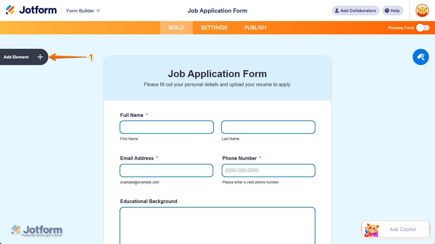 Add Element button in Jotform Form Builder