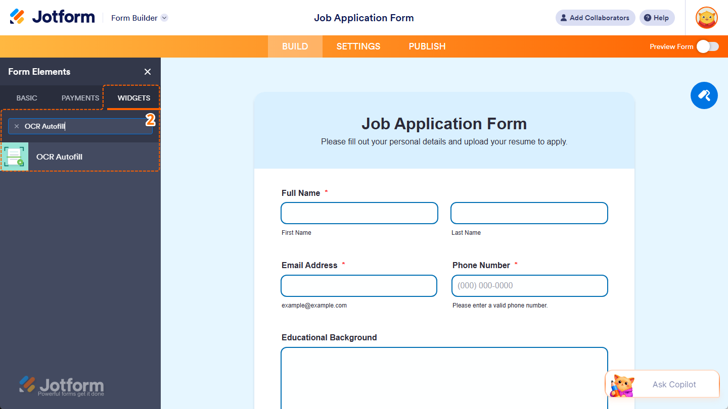 OCR Autofill widget under the Widget tab of the Form Elements menu in Jotform Form Builder