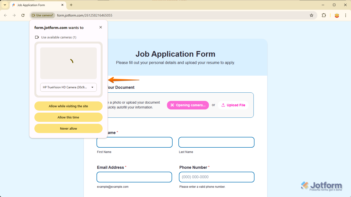 Allow Camera Access prompt of a web browser for the OCR Autofill widget Take Photo option in Jotform demo form