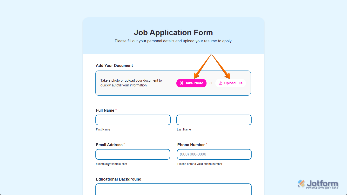 Take Photo and Upload File buttons of the OCR Autofill widget in a Jotform demo form