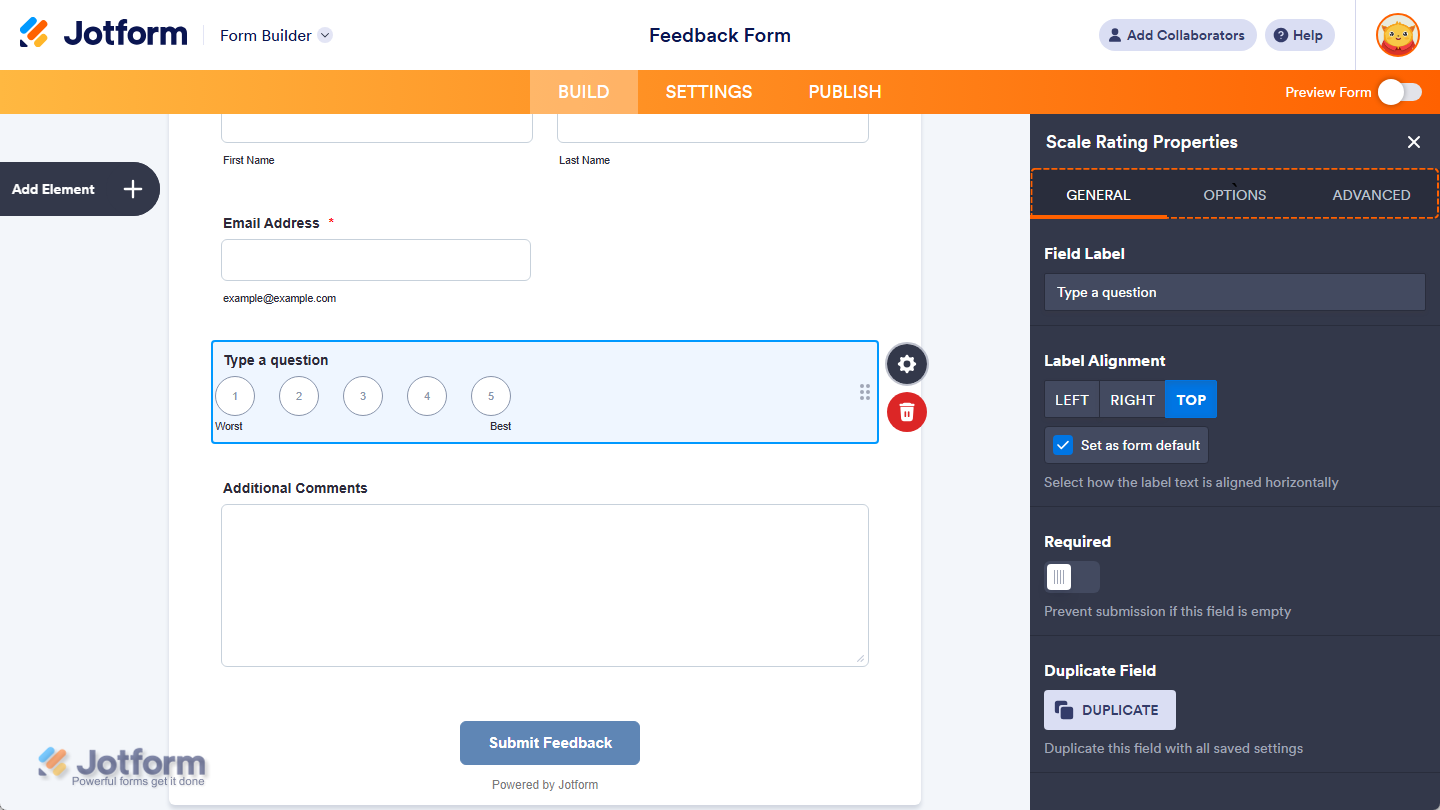 Available tabs in Scale Rating Properties menu in Jotform Form Builder