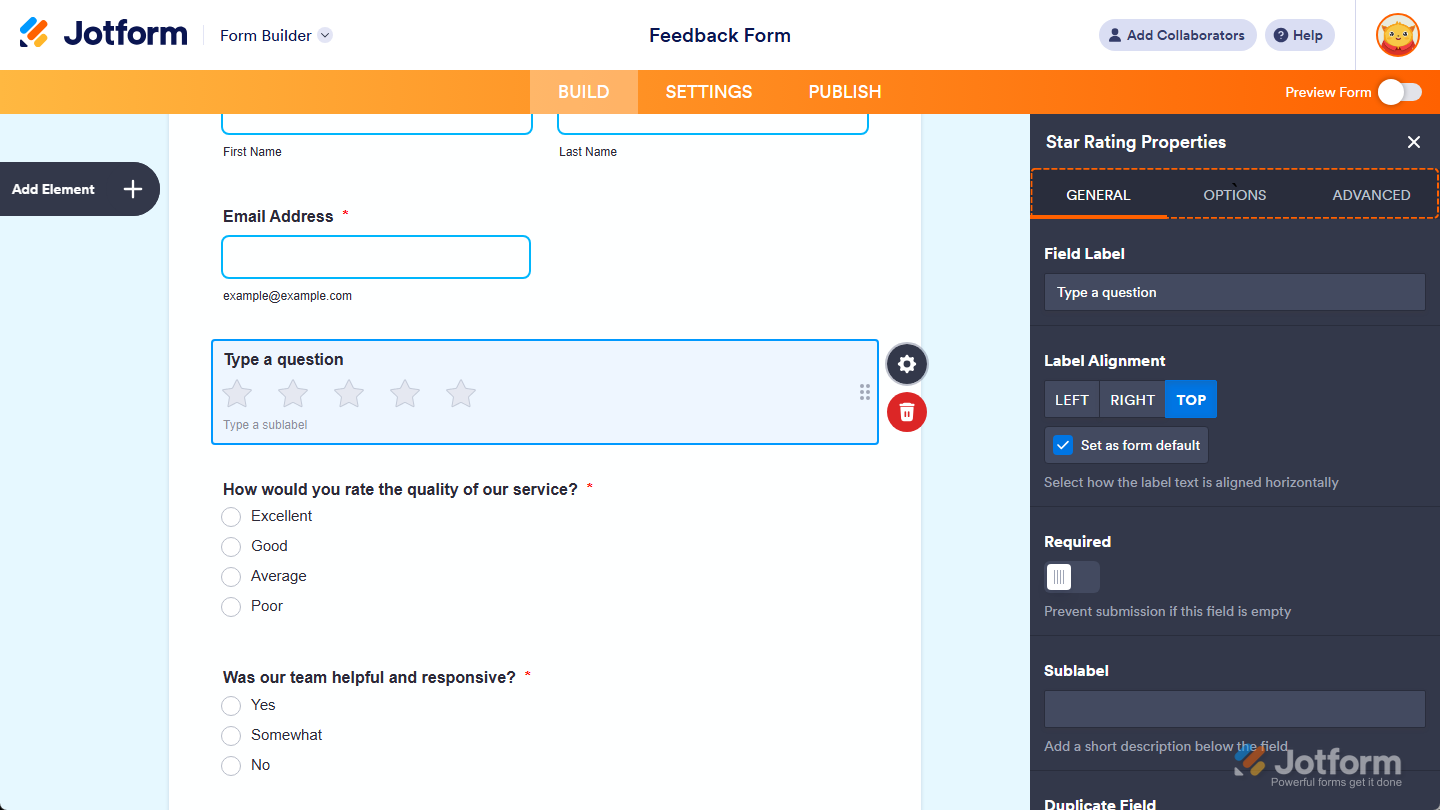 General, Options, and Advanced tabs of the Star Rating Properties menu in Jotform Form Builder