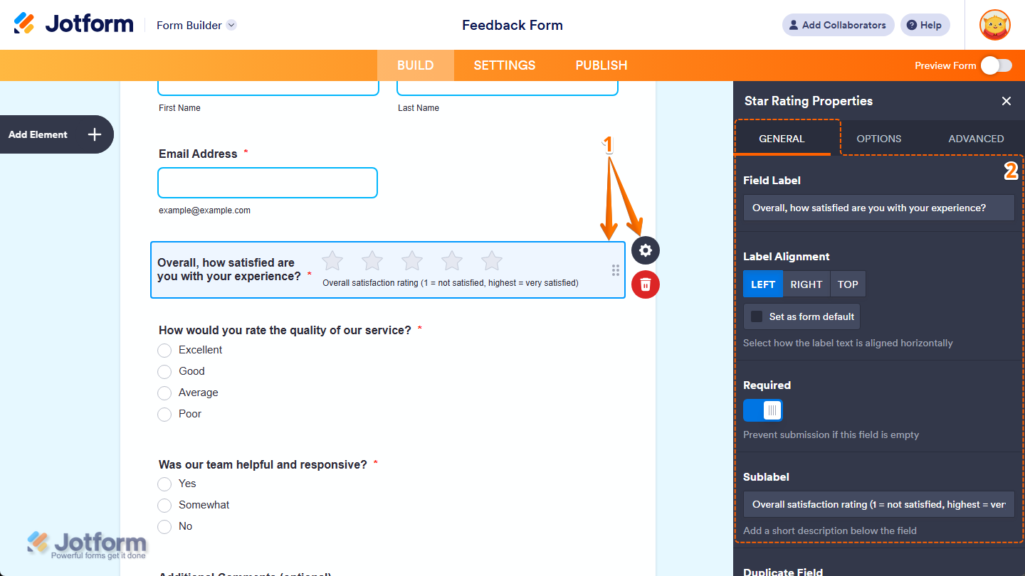 Different properties under the General tab of the Star Rating Properties menu in Jotform Form Builder