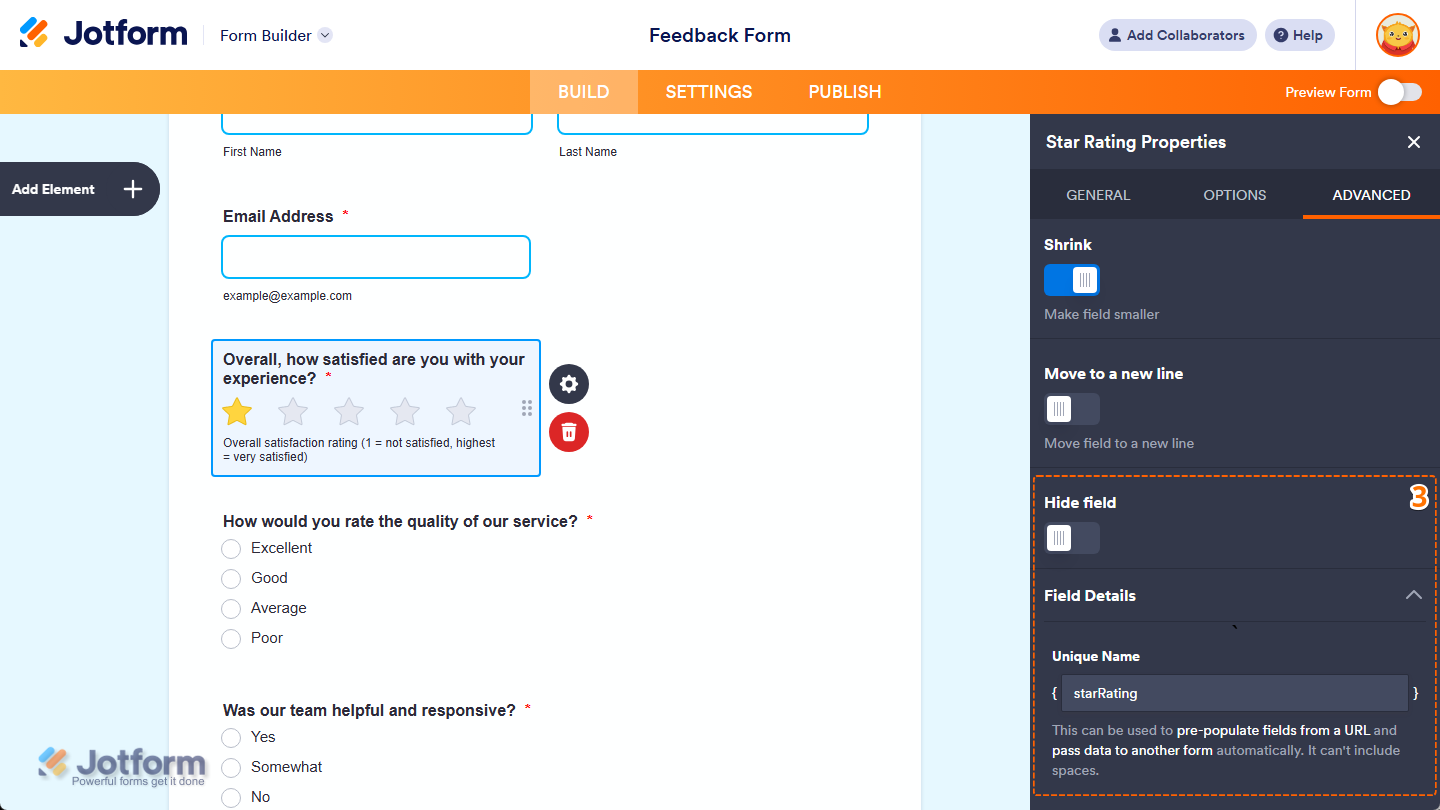 Additional properties in the Advanced tab of the Star Rating Properties menu in Jotform Form Builder