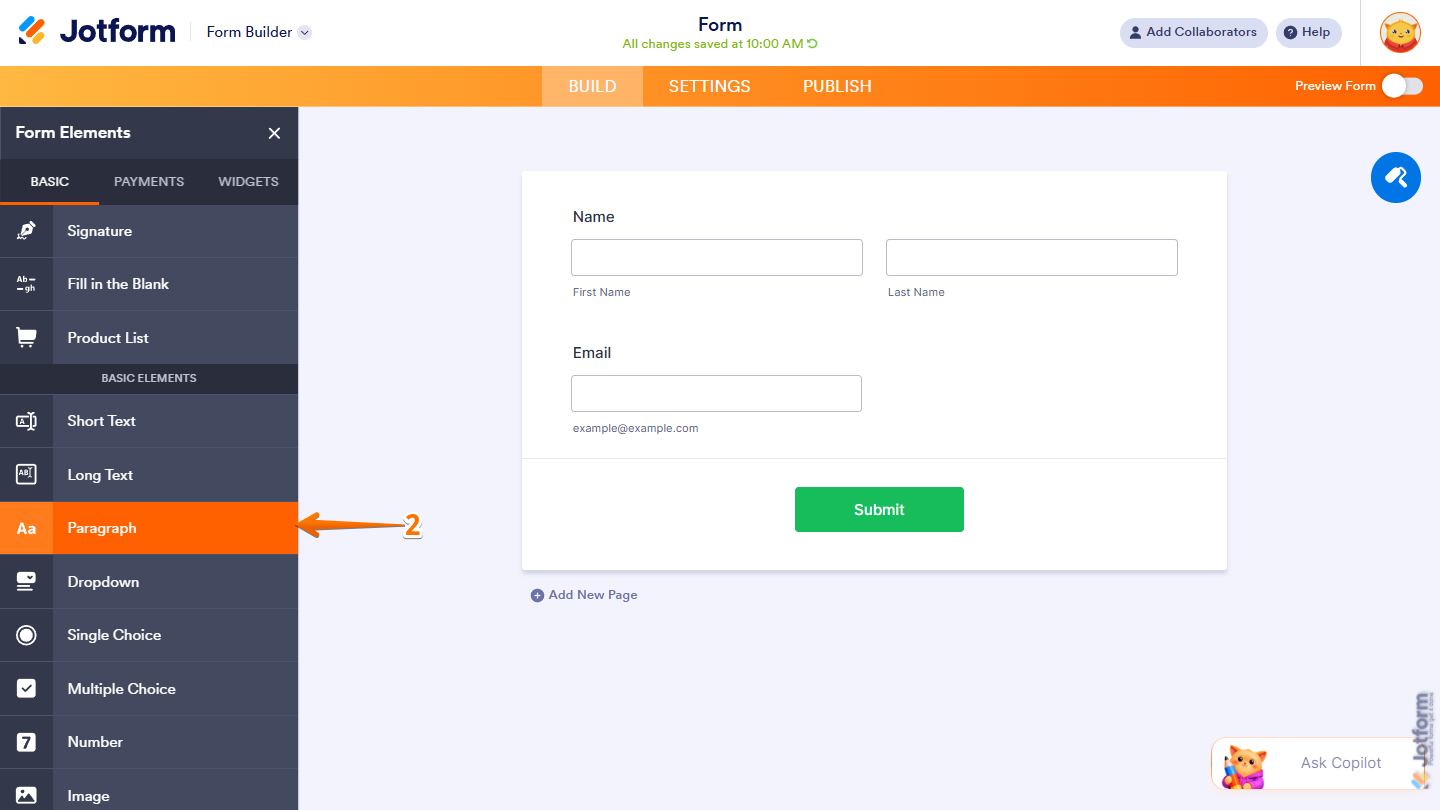Paragraph element in the Basic Elements section of the Jotform Form Builder
