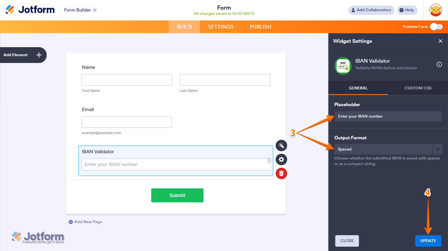 Placeholder and Output format in the Widget Settings of IBAN Validator