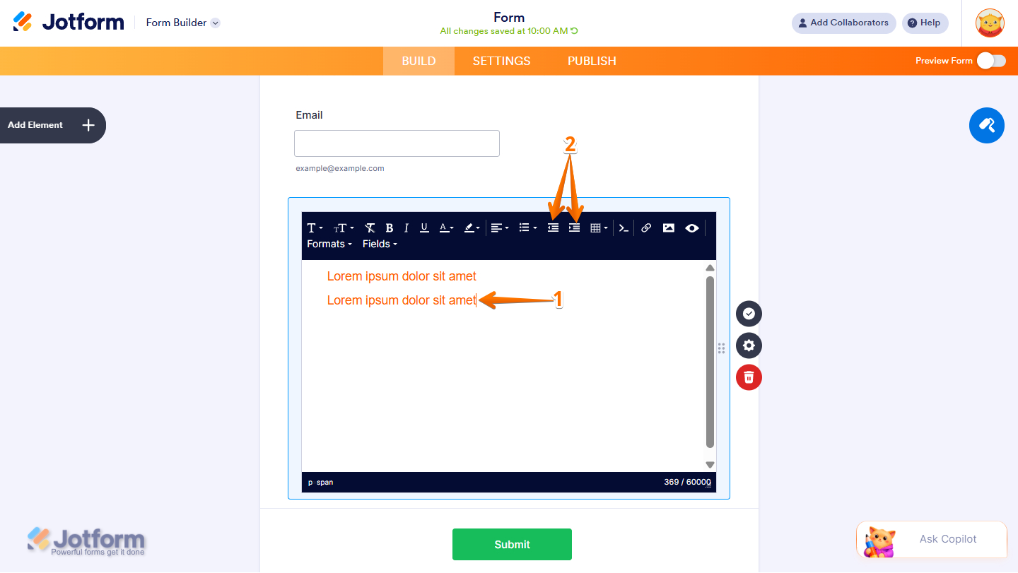 Decrease and Increase Indent options in the Paragraph element